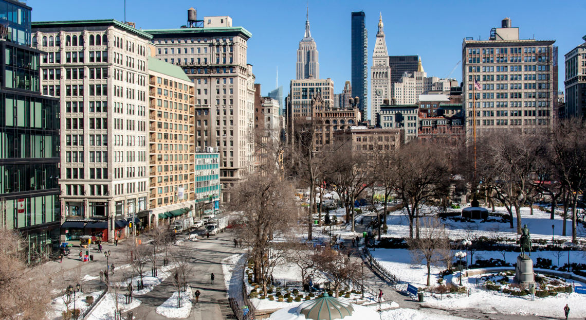 Winter scene at Union Square - a hub for commercial real estate resolutions in the heart of NYC.