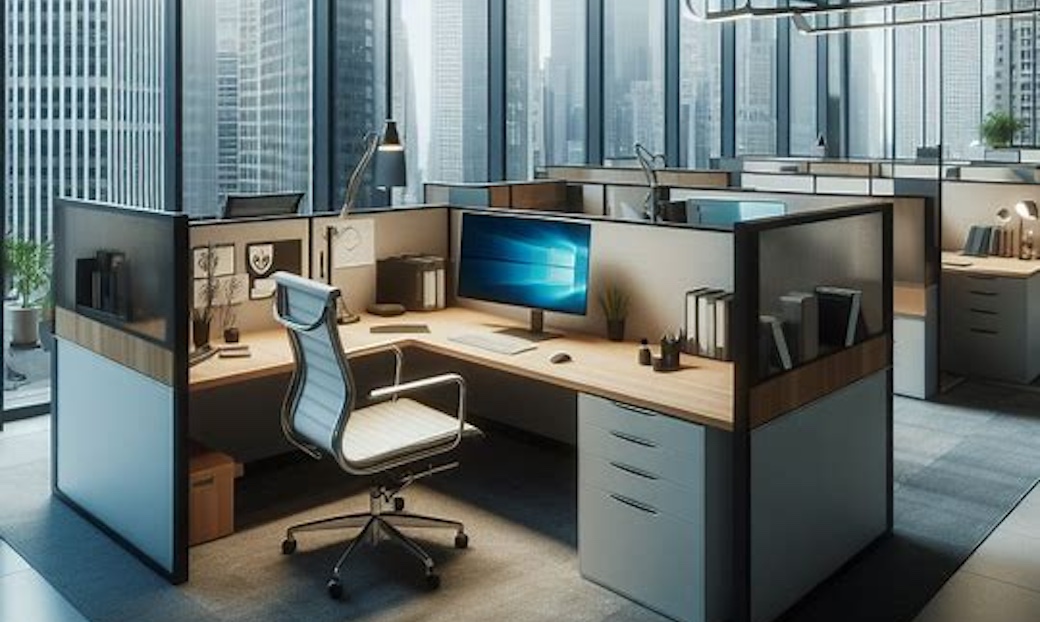 Modern cubicles in NYC skyscraper office: Reviving productivity & privacy post-pandemic.