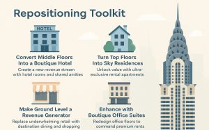 Infographic "Repositioning Toolkit" with hotel, house, store, Chrysler Building.