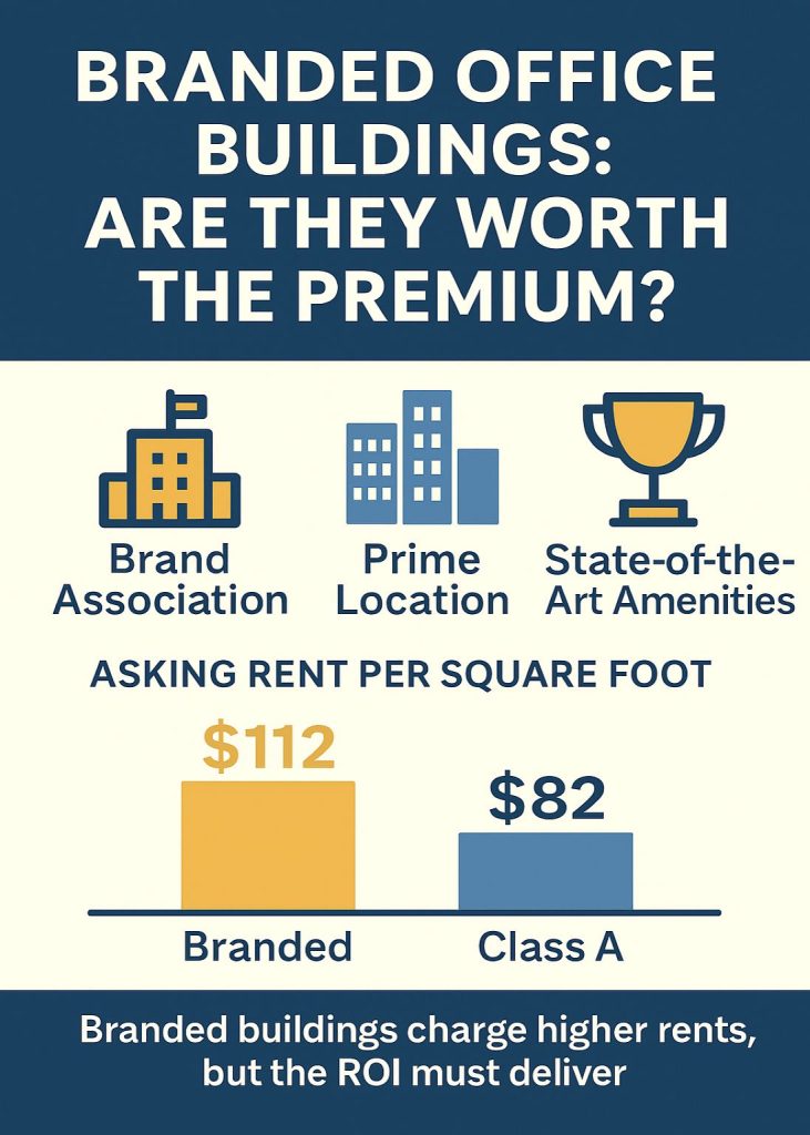 Branded offices rent 2/sq ft vs.  for Class A; brand matters.
