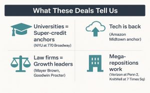 Infographic: "What These Deals Tell Us" with icons and 4 key trends in Manhattan office leasing.
