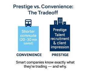 Infographic: bus icon for short commute vs. building icon for prestige.