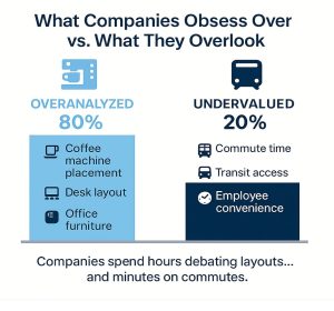 Infographic: 80% focus on furniture, layout vs. 20% on commutes, access.