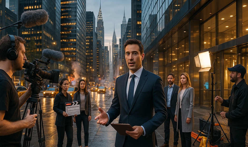 Reporter in a suit speaks on city street at dusk, crew and skyscrapers behind.