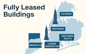 NYC map with labeled regions, icons of skyscrapers, and "Fully Leased Buildings" text.