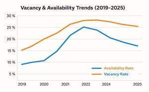 Line graph of Manhattan vacancy / availability rates over time from 2019 to 2025, showing downward trend