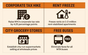 Infographic: corporate tax, rent freeze, city grocery, free buses in NYC.
