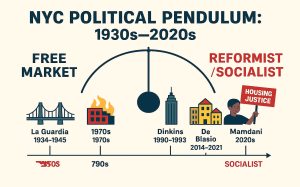 NYC Political Pendulum infographic: 1930s–2020s shift, free market to socialist. Highlights Mamdani and housing justice movement.