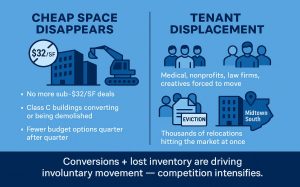 Blue infographic: NYC office rents rising, cheap space vanishing, tenants displaced.