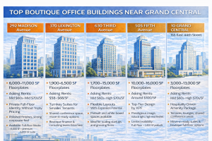 Chart of 5 Boutique Class A NYC buildings near Grand Central comparing features.