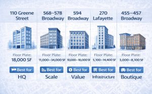 Five illustrated SoHo-style buildings labeled by usage, size, and address.
