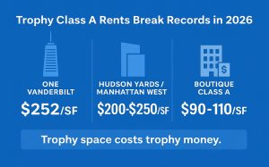 2026 NYC Trophy rents: One Vanderbilt 2/SF, Hudson Yards 0–0/SF, Boutique A –0/SF.
