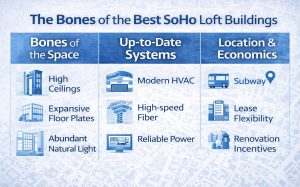 Infographic of What to look for when leasing a loft office in SoHo including ceiling height, floor plates, mechanical systems, and location