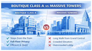 Boutique Class A Buildings vs. Massive Towers; icons show privacy, quiet, train access versus crowds, long walks, busy lobbies.