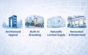 Four icons: SoHo lofts, branded shops, city map, and modern office interior.