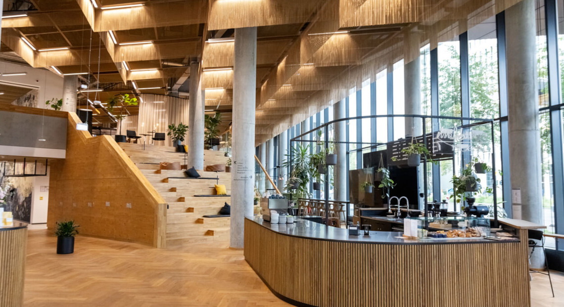 Modern lobby with wood floors, big windows, staircase seating, plants, café counter, pastries, and relaxing lounge in natural light.