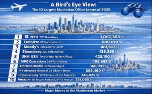 NYC skyline infographic showing top 2025 Manhattan office leases and tenants.