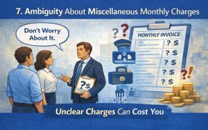 Businessperson with clipboard discusses confusing invoice with couple; question marks and coins show unclear costs.