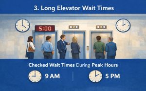 Five people wait by three elevators under clocks showing 9 AM and 5 PM.