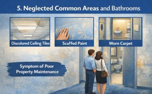 Two people on an NYC office tour spot dirty bathrooms and worn common areas.