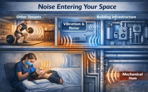 Woman getting facial disturbed by noise from weights, machinery, pipes.