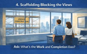 Business people look out office window at scaffolding and "Under Construction" sign. Text: "Scaffolding Blocking the Views.