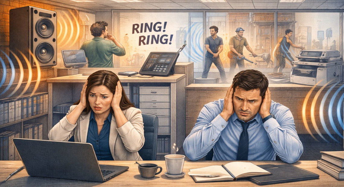 Two office workers at a desk cover ears, overwhelmed by noisy workspace.