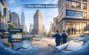 Businesspeople with blueprints, "Office Space For Lease" sign, subway, and digital search graphics on a Manhattan street.