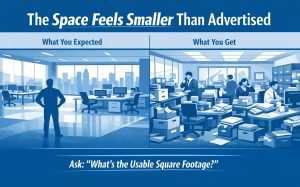 Split image: left shows empty office, right shows crowded NYC office.