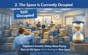 Worried man in NYC office amid boxes, “Still Occupied” sign, red flags, hourglass.