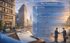 Manhattan office lease infographic with NYC buildings, documents, and handshake. Key details: location, size, term, start date.