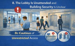 Unattended lobby, people enter freely, unclear security; warning text: "Be Cautious of Unrestricted Access.