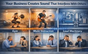 Split image: gym, music, machinery sending noise to nearby offices; people look frustrated. Text: "Your Business Creates Sound That Interferes.