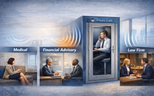 Man in “Private Calls” booth on phone; professionals discuss leases nearby.