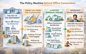 Infographic on office-to-housing: tax breaks, rezoning, 200k units, 0B investment.