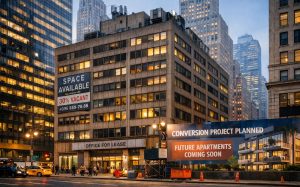 City building at dusk with signs for vacancies and future apartments, traffic passing.
