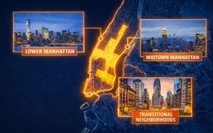 Map of Manhattan with 3 highlighted areas showing skylines and neighborhoods shaped by office conversions.