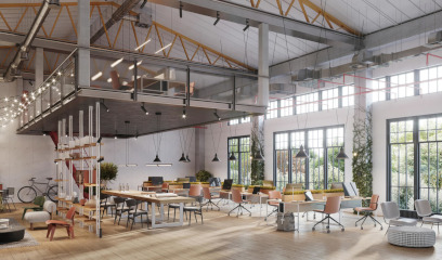 Bright Manhattan loft office: high ceilings, big windows, wood floors, plants, mezzanine, shared desks. Collaborative and modern.