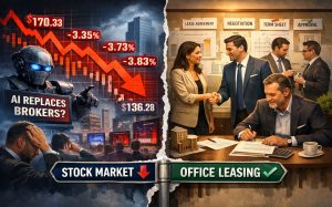 Split image: left has robot, falling stocks; right, people negotiating NYC office lease with green check.