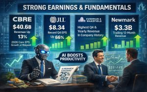 Robot highlights “AI Boosts Productivity” as businessmen shake hands; financial graphs and data shown.