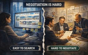 Woman searching NYC offices online; group tensely negotiates lease terms. Text: “Negotiation is hard—Easy to search, hard to negotiate.”.
