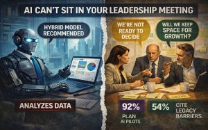 Robot analyzes data; businesspeople debate AI in NYC office, stats shown. Text: “AI can’t sit in your leadership meeting.”.