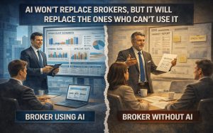 Two NYC office scenes: broker uses AI charts on left, paper reports on right. Text: "AI will replace brokers who can't use it.
