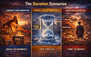 Triptych: oil closures/recovery; frozen hourglass "budget cuts"; man faces recession, city skyline signals commercial leasing impact.