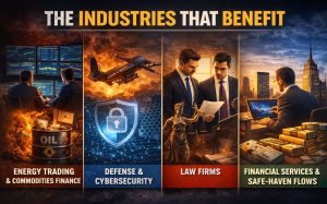 Infographic split by industry: leasing, energy, defense, law, and finance—each shown with matching visuals.
