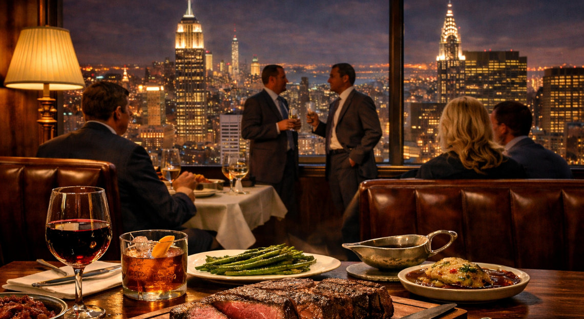 NYC steakhouse diners, city skyline view, Empire State & Chrysler, steak dinner.