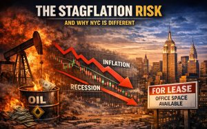Oil barrel burns money, NYC skyline, down graph: "inflation," "recession." Sign: office for lease. Text: "The Stagflation Risk.