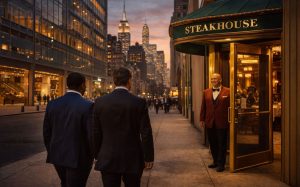 Two men in suits approach a lit NYC steakhouse as red-jacketed doorman greets; skyscrapers and Empire State Building behind.