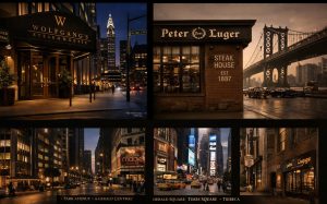 NYC steakhouses, city streets, Macy's, Times Square lights, Manhattan Bridge at dusk.