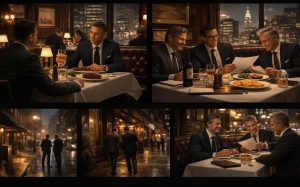 Men in suits dine and laugh at a NYC steakhouse, then walk together outside on a rainy city street at night.